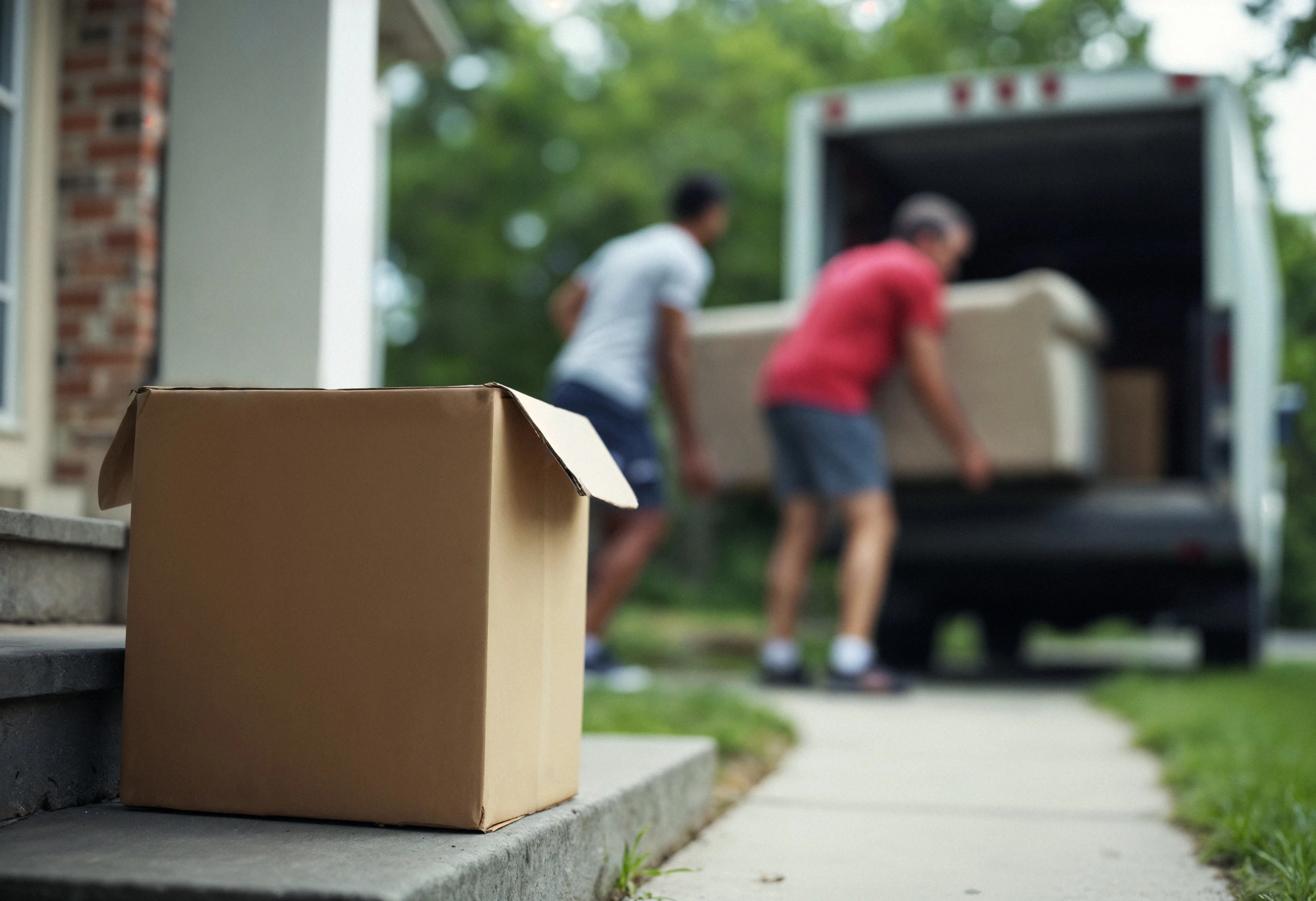 Cardboard box sitting on the step of a house, while in the background men load a couch into a truck