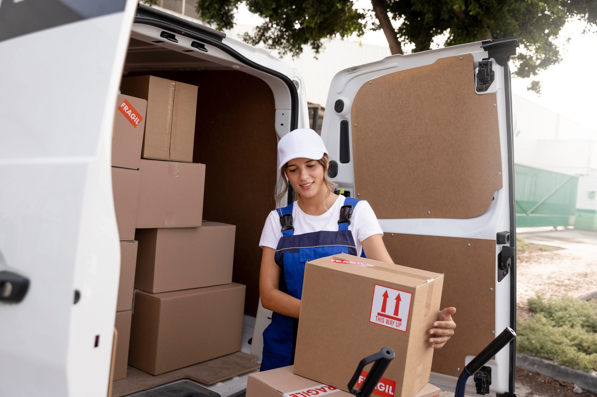 Delivery woman unloading boxes from van