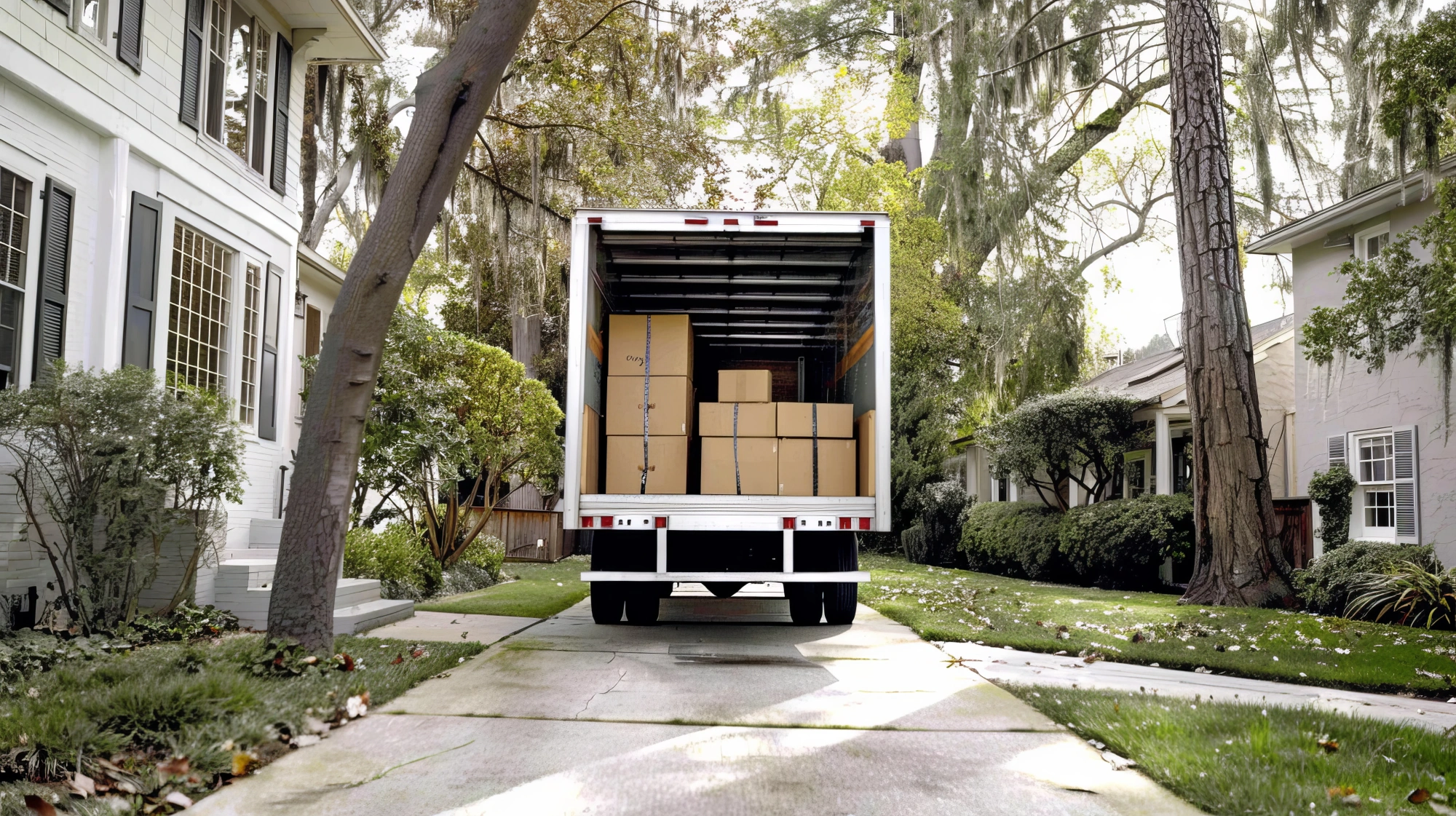 Open moving truck filled with cardboard boxes